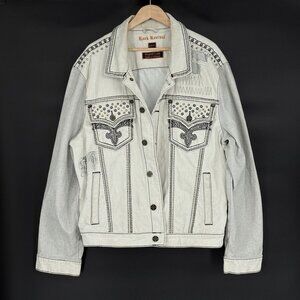 Rock Revival Mens Studded Denim Jacket XXXL Off White Gray Streetwear Distressed